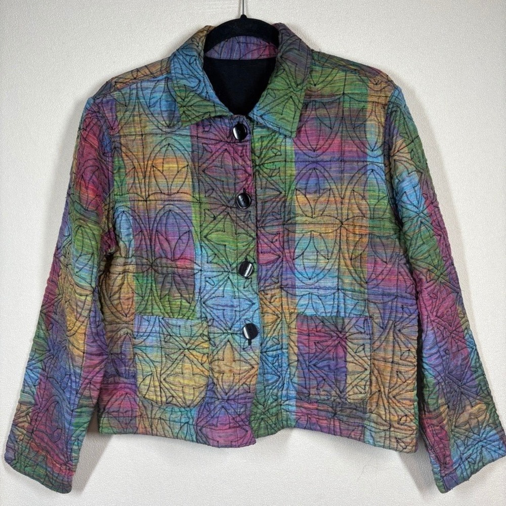 Parsley & Sage Reversible Rainbow Quilted Jacket Blazer Medium Art‎ to Wear Boho